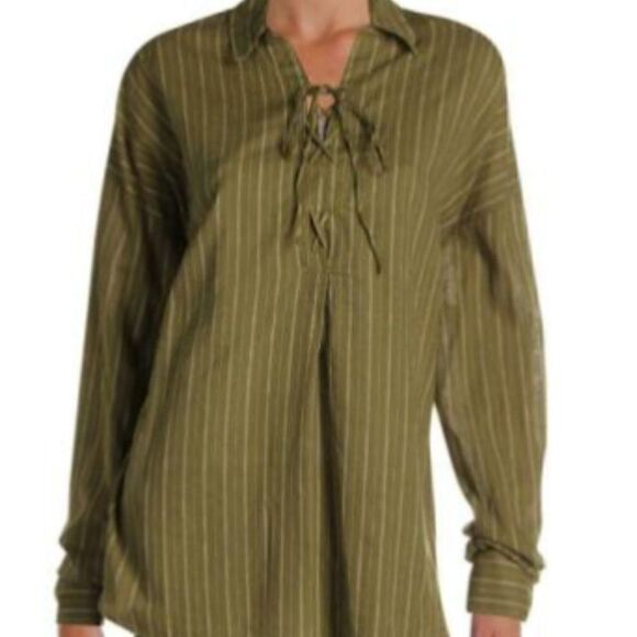 Free People Womens Under The Boardwalk Green Linen Blouse Top - Picture 1 of 9